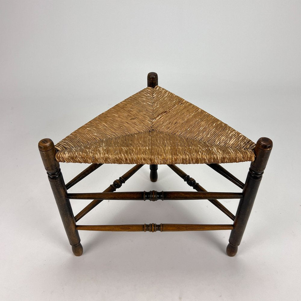 Oak and Wicker Triangular Stool, 1950s