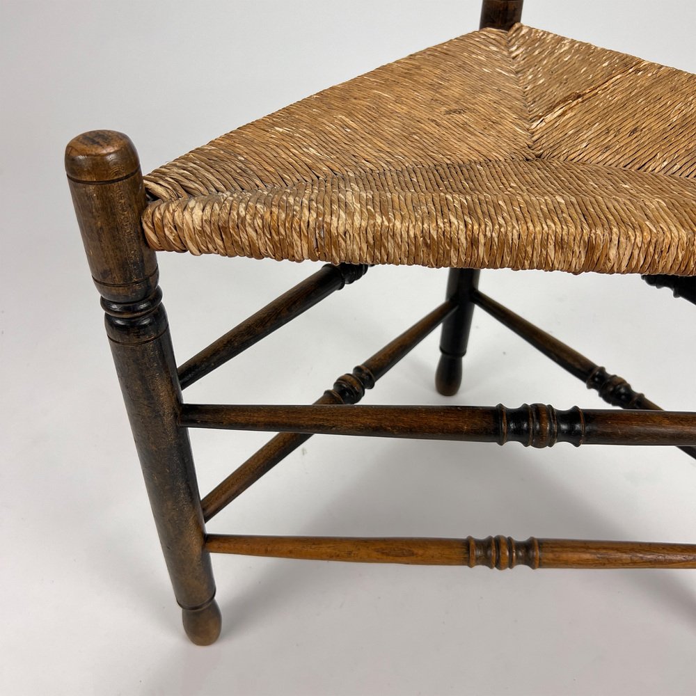 Oak and Wicker Triangular Stool, 1950s