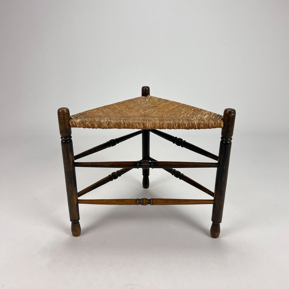 Oak and Wicker Triangular Stool, 1950s