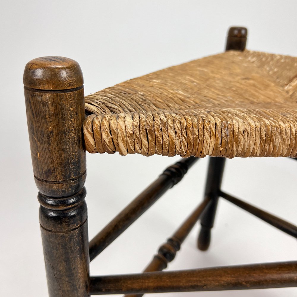 Oak and Wicker Triangular Stool, 1950s