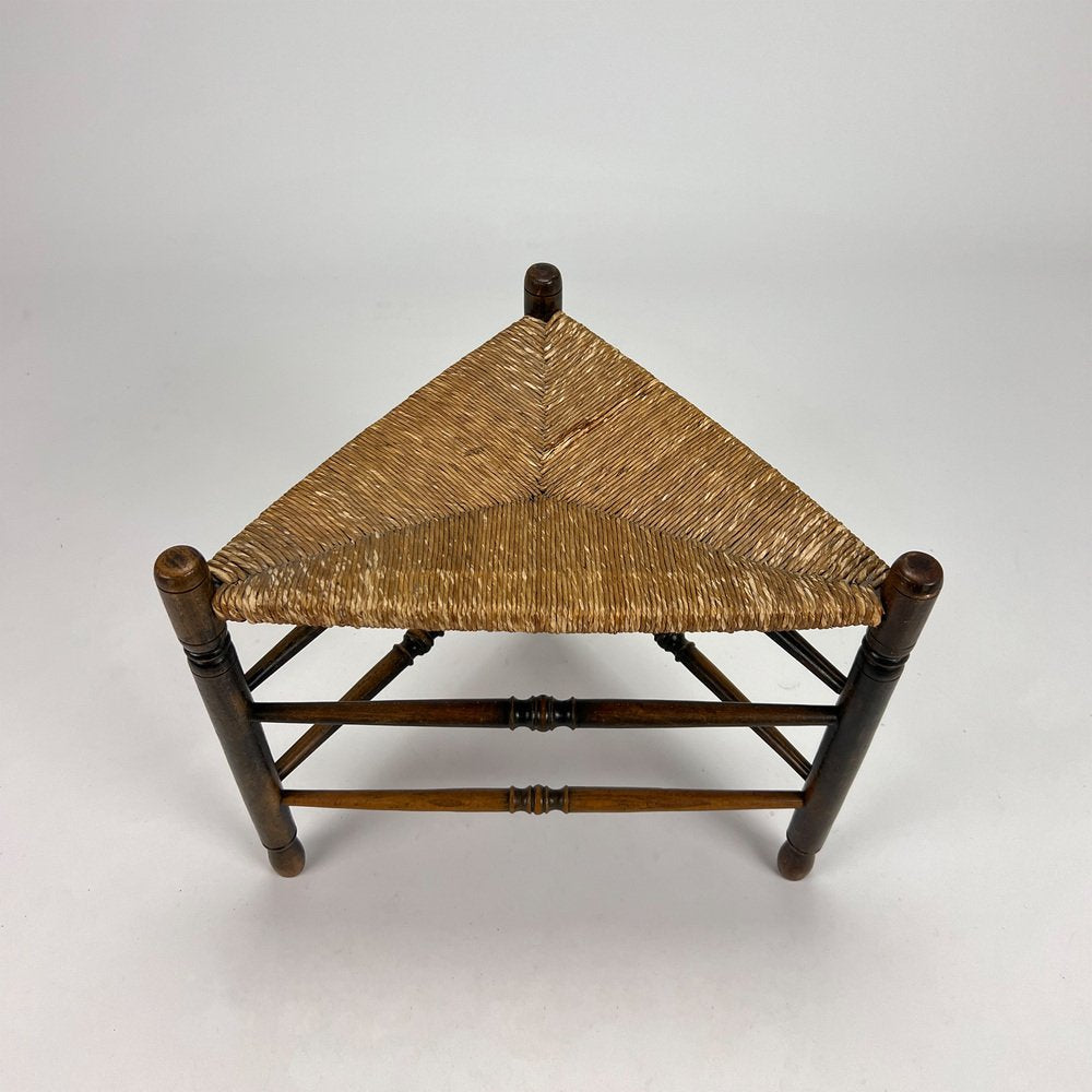 Oak and Wicker Triangular Stool, 1950s