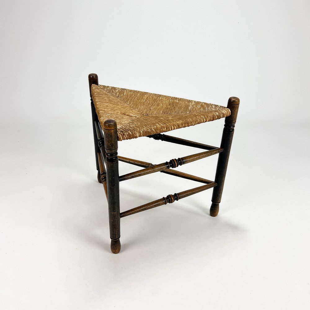 Oak and Wicker Triangular Stool, 1950s