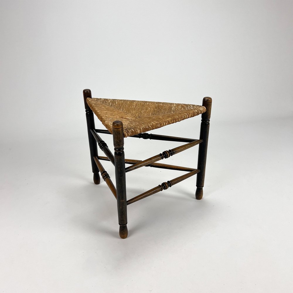 Oak and Wicker Triangular Stool, 1950s