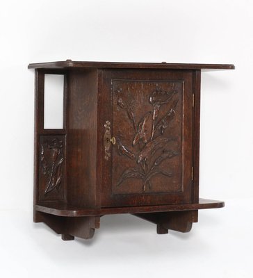 Oak Arts & Crafts Art Nouveau Wall Cabinet with Calla Lilies, 1900s-MY-776191