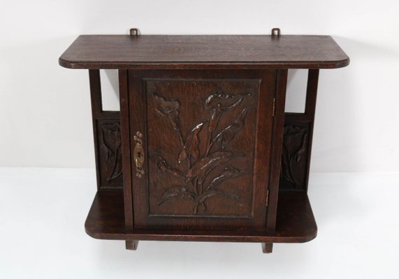 Oak Arts & Crafts Art Nouveau Wall Cabinet with Calla Lilies, 1900s-MY-776191