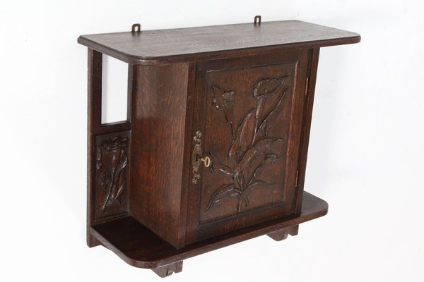 Oak Arts & Crafts Art Nouveau Wall Cabinet with Calla Lilies, 1900s-MY-776191