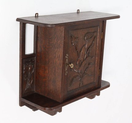 Oak Arts & Crafts Art Nouveau Wall Cabinet with Calla Lilies, 1900s-MY-776191