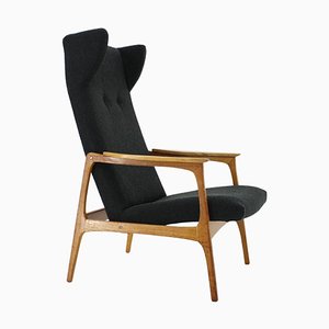 Oak & Bouclé Upholstery Wing Chair, Czechoslovakia, 1960s-TZ-1175506