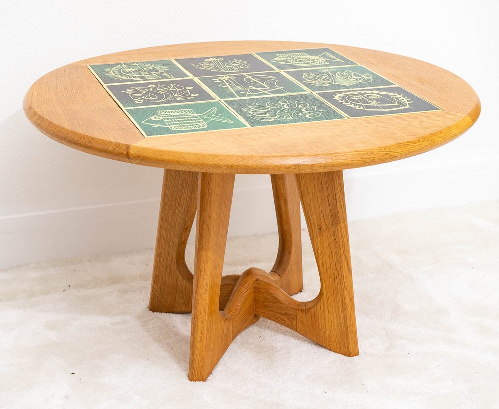 Oak & Ceramic Coffee Table by Guillerme Et Chambron & Danikowski for Votre Maison, 1960s