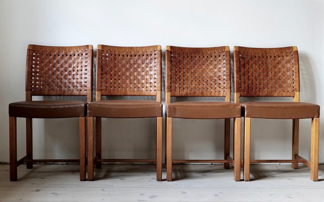 Oak Chairs With Leather Braid by Carl Gustav Hort Af Ornäs, 1950s, Set of 4-APD-1176677