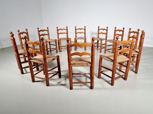 Oak Farmer Dining Chairs, France, 1970s, Set of 12-UJI-1700038