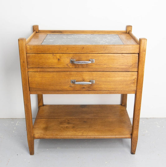 Oak & Marble Console Table with Two Drawers, France, 1940s