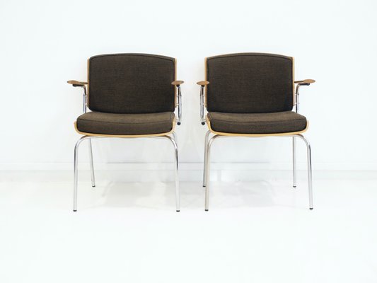 Oak Plywood and Tubular Steel Armchairs, 1970s, Set of 2-ZYF-2033740