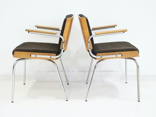 Oak Plywood and Tubular Steel Armchairs, 1970s, Set of 2-ZYF-2033740