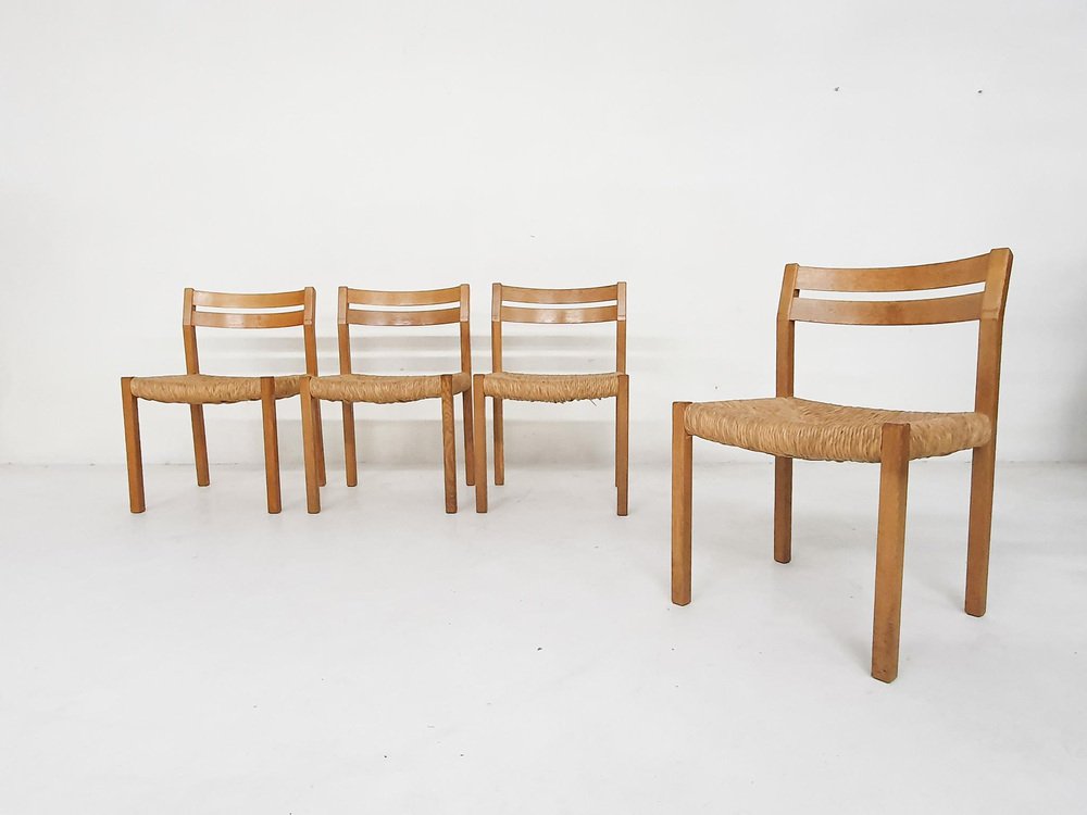 Oak Sisal Dining Chairs Model 401 attributed to J.L Moller, Denmark, 1970s, Set of 4