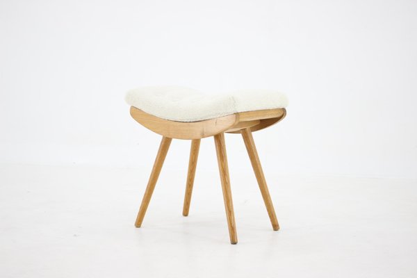 Oak Stool with Sheepskin Fabric, Czechoslovakia, 1960s-TZ-1325225