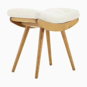 Oak Stool with Sheepskin Fabric, Czechoslovakia, 1960s-TZ-1325225