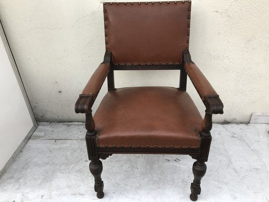 Oak Throne Chair Covered with Leather, 1900s-WQQ-1396322