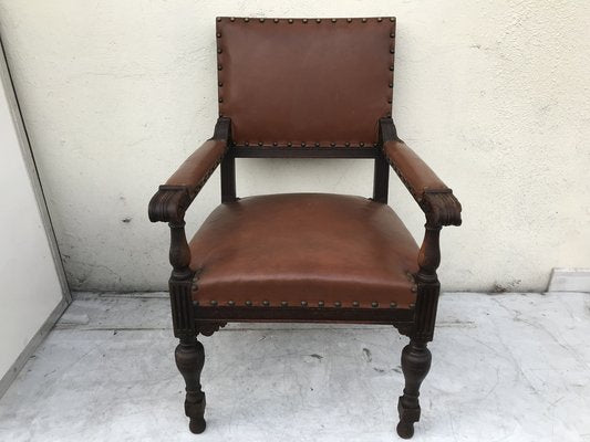 Oak Throne Chair Covered with Leather, 1900s-WQQ-1396322