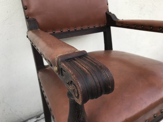 Oak Throne Chair Covered with Leather, 1900s-WQQ-1396322