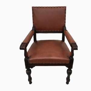 Oak Throne Chair Covered with Leather, 1900s-WQQ-1396322