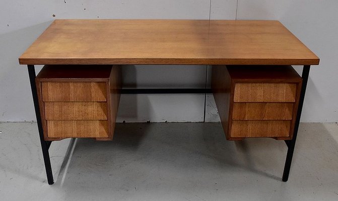 Oak Veneer Desk with Metal Legs, 1940s-RVK-778692