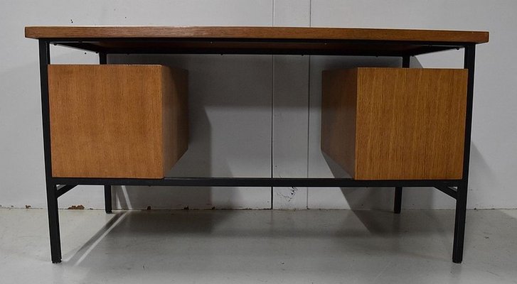 Oak Veneer Desk with Metal Legs, 1940s-RVK-778692