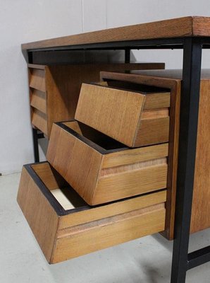 Oak Veneer Desk with Metal Legs, 1940s-RVK-778692