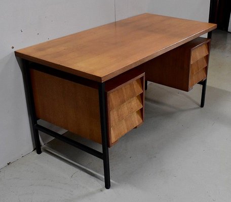 Oak Veneer Desk with Metal Legs, 1940s-RVK-778692