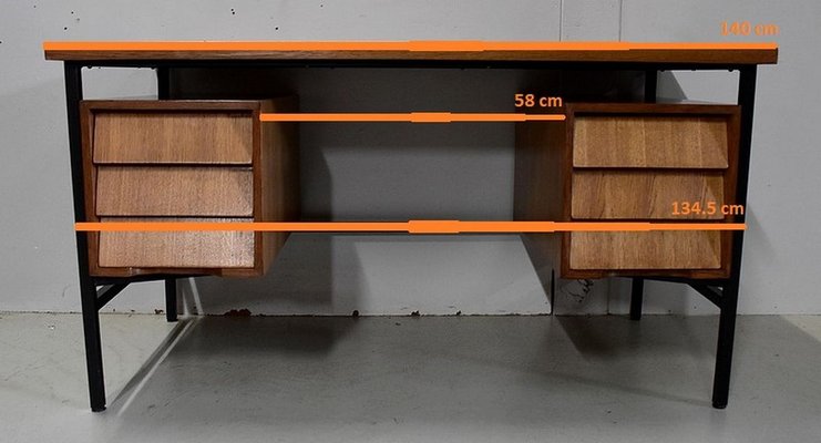 Oak Veneer Desk with Metal Legs, 1940s-RVK-778692