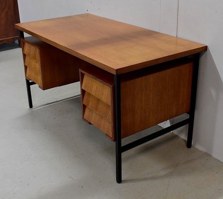 Oak Veneer Desk with Metal Legs, 1940s-RVK-778692