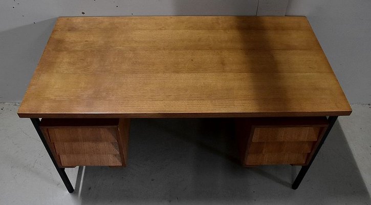 Oak Veneer Desk with Metal Legs, 1940s-RVK-778692