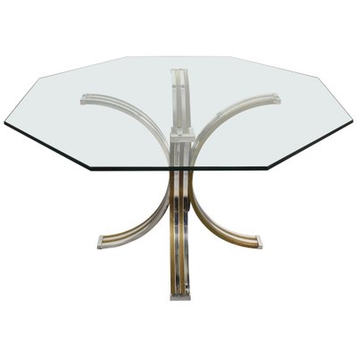 Octagonal Dining Table in Brass, Chrome & Glass, Italy, 1970s-JDR-1126197