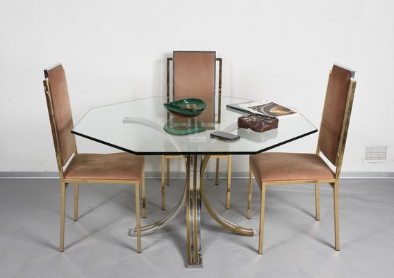 Octagonal Dining Table in Brass, Chrome & Glass, Italy, 1970s-JDR-1126197