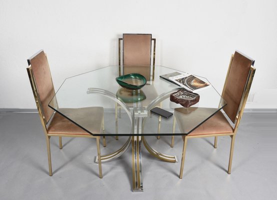 Octagonal Dining Table in Brass, Chrome & Glass, Italy, 1970s-JDR-1126197