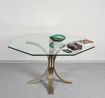 Octagonal Dining Table in Brass, Chrome & Glass, Italy, 1970s-JDR-1126197