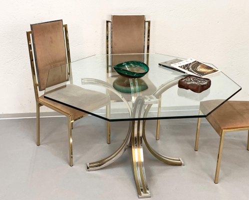 Octagonal Dining Table in Brass, Chrome & Glass, Italy, 1970s-JDR-1126197