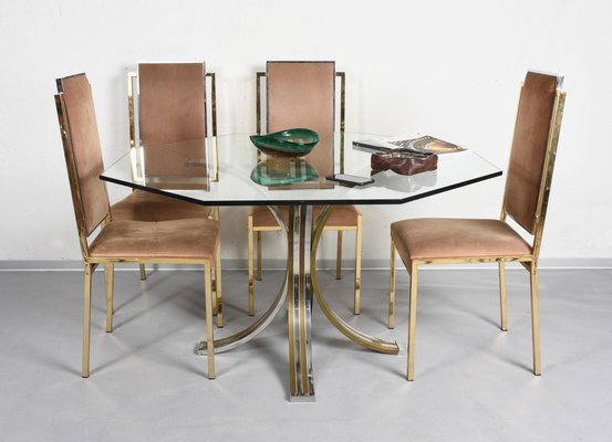 Octagonal Dining Table in Brass, Chrome & Glass, Italy, 1970s-JDR-1126197