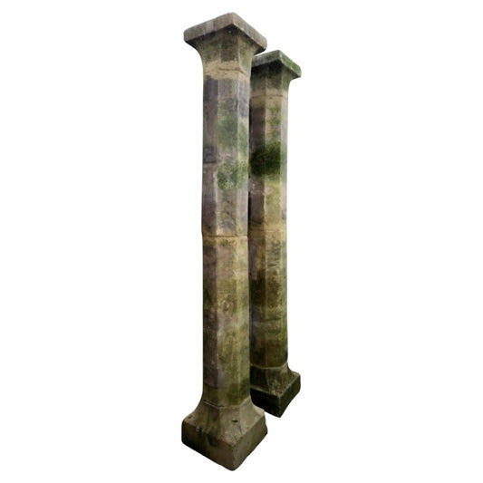 Octagonal Section Limestone Columns, 1800s, Set of 2