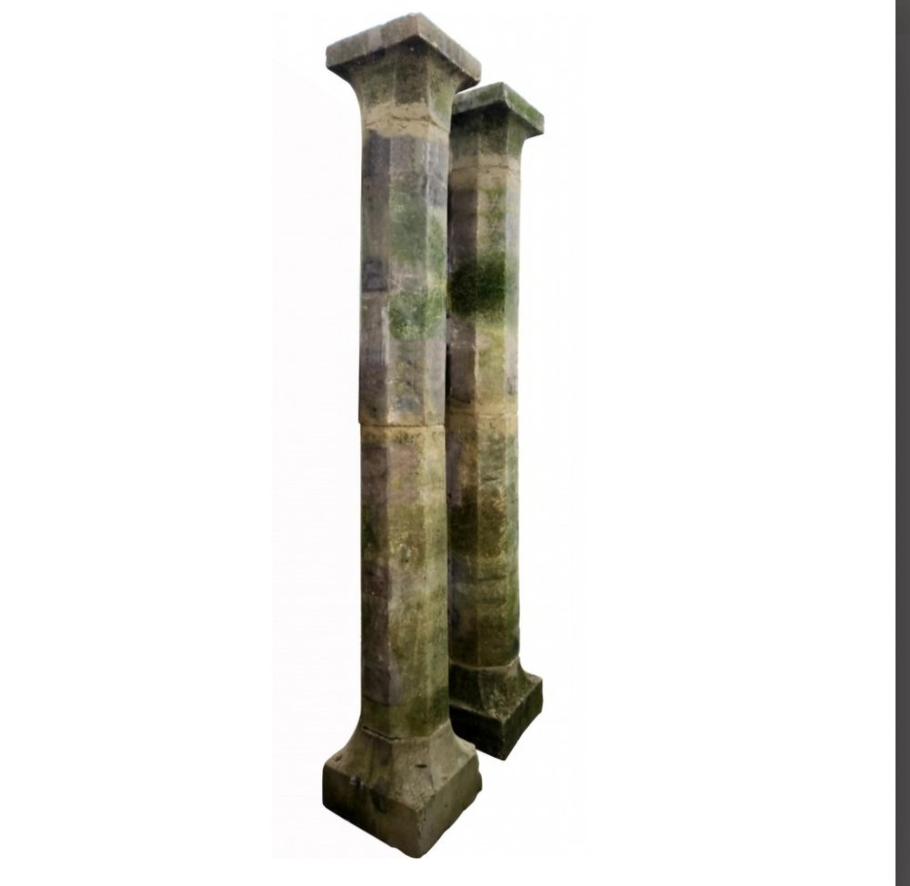 Octagonal Section Limestone Columns, 1800s, Set of 2