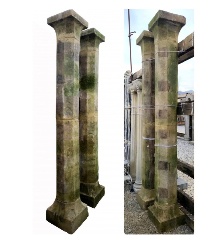 Octagonal Section Limestone Columns, 1800s, Set of 2