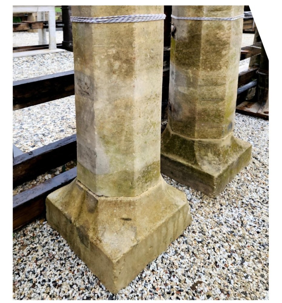 Octagonal Section Limestone Columns, 1800s, Set of 2