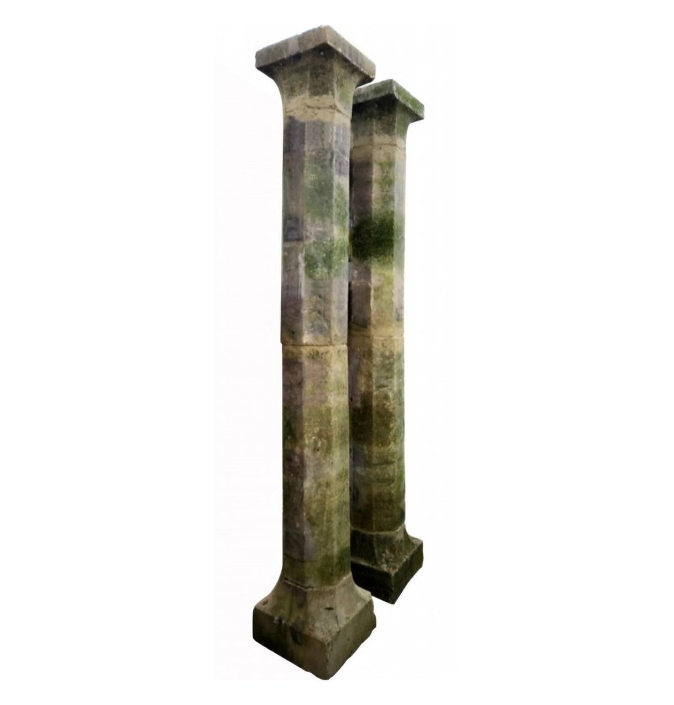 Octagonal Section Limestone Columns, 1800s, Set of 2