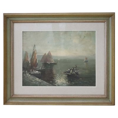 Oil on Canvas Painting of Marina with Fishermen, 1950s-DCO-1031080