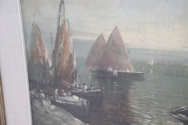 Oil on Canvas Painting of Marina with Fishermen, 1950s-DCO-1031080