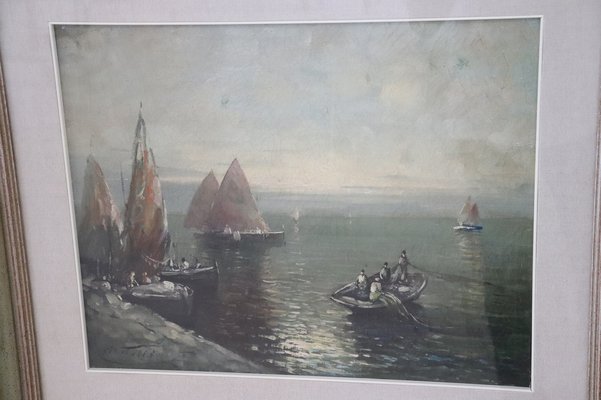 Oil on Canvas Painting of Marina with Fishermen, 1950s-DCO-1031080