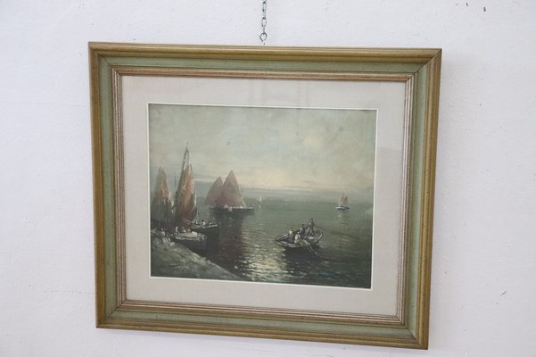 Oil on Canvas Painting of Marina with Fishermen, 1950s-DCO-1031080