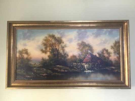 Oil Painting on Canvas- Landscape With a Water Mill Signed 1950s-WQQ-963890