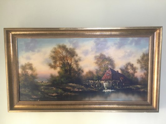 Oil Painting on Canvas- Landscape With a Water Mill Signed 1950s-WQQ-963890