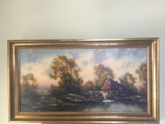 Oil Painting on Canvas- Landscape With a Water Mill Signed 1950s-WQQ-963890